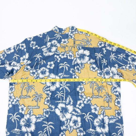 Reyn Spooner Floral Hawaiian Shirt Men's Large Blue Yellow Palm Tree Aloha - Picture 10 of 11